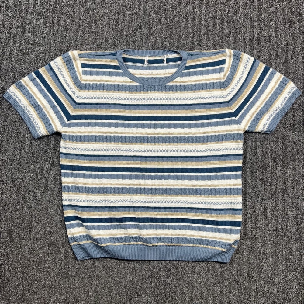 Vintage Style Striped Cable‎ Knit Short Sleeve Sweater Top Large Blue White Tan